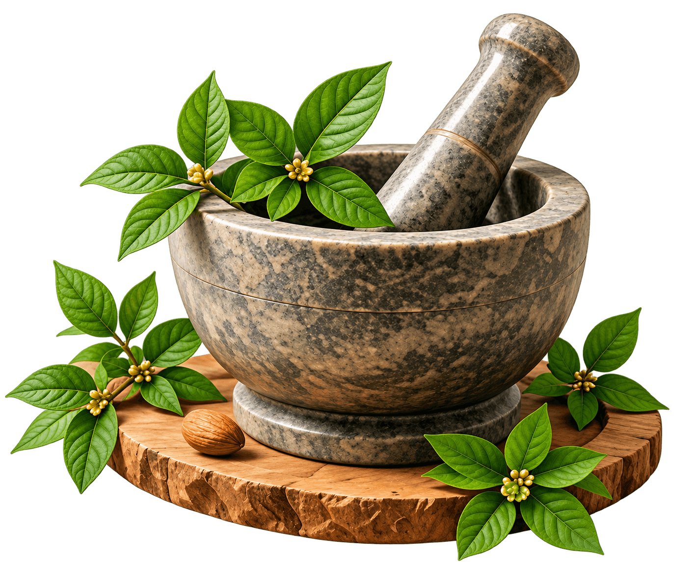 Stone mortar and pestle with fresh leaves